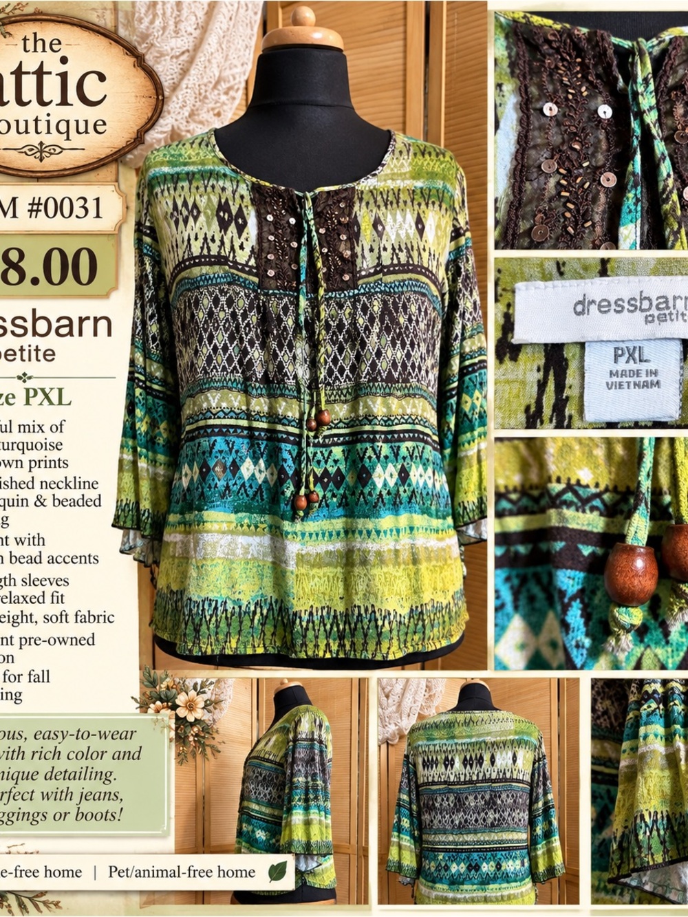 dressbarn Green and Turquoise Patterned Beaded Peasant Top
